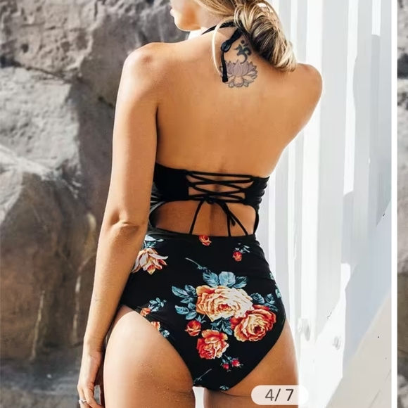 NWT Cupshe Black Floral Print Halter Tummy Control One Piece Swimsuit - Picture 2 of 13